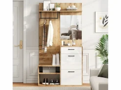 Hot Mueble de entrada multifuncional con espejo, tablero de partículas, y madera natural (100x38,5x190cm) Perchero
