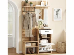 Hot Mueble de entrada multifuncional con espejo, tablero de partículas, y madera natural (100x38,5x190cm) Perchero