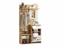 Hot Mueble de entrada multifuncional con espejo, tablero de partículas, y madera natural (100x38,5x190cm) Perchero