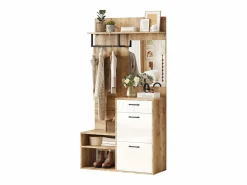 Hot Mueble de entrada multifuncional con espejo, tablero de partículas, y madera natural (100x38,5x190cm) Perchero