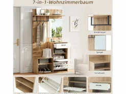 Hot Mueble de entrada multifuncional con espejo, tablero de partículas, y madera natural (100x38,5x190cm) Perchero