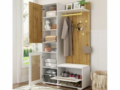 Sale Mueble de entrada multifuncional con espejo, iluminación LED de 16 colores, MDF y tablero de partículas, y madera (110x38x190cm) Perchero