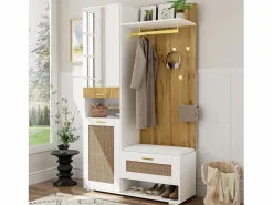 Sale Mueble de entrada multifuncional con espejo, iluminación LED de 16 colores, MDF y tablero de partículas, y madera (110x38x190cm) Perchero