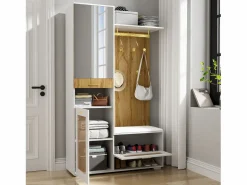Sale Mueble de entrada multifuncional con espejo, iluminación LED de 16 colores, MDF y tablero de partículas, y madera (110x38x190cm) Perchero