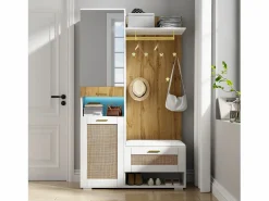 Sale Mueble de entrada multifuncional con espejo, iluminación LED de 16 colores, MDF y tablero de partículas, y madera (110x38x190cm) Perchero