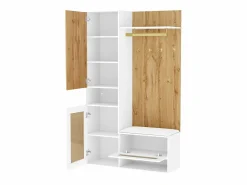 Sale Mueble de entrada multifuncional con espejo, iluminación LED de 16 colores, MDF y tablero de partículas, y madera (110x38x190cm) Perchero
