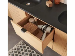 New Mueble de lavabo doble STUDIO roble 140cm sobre patas con encimera de lavabo de resina Negro