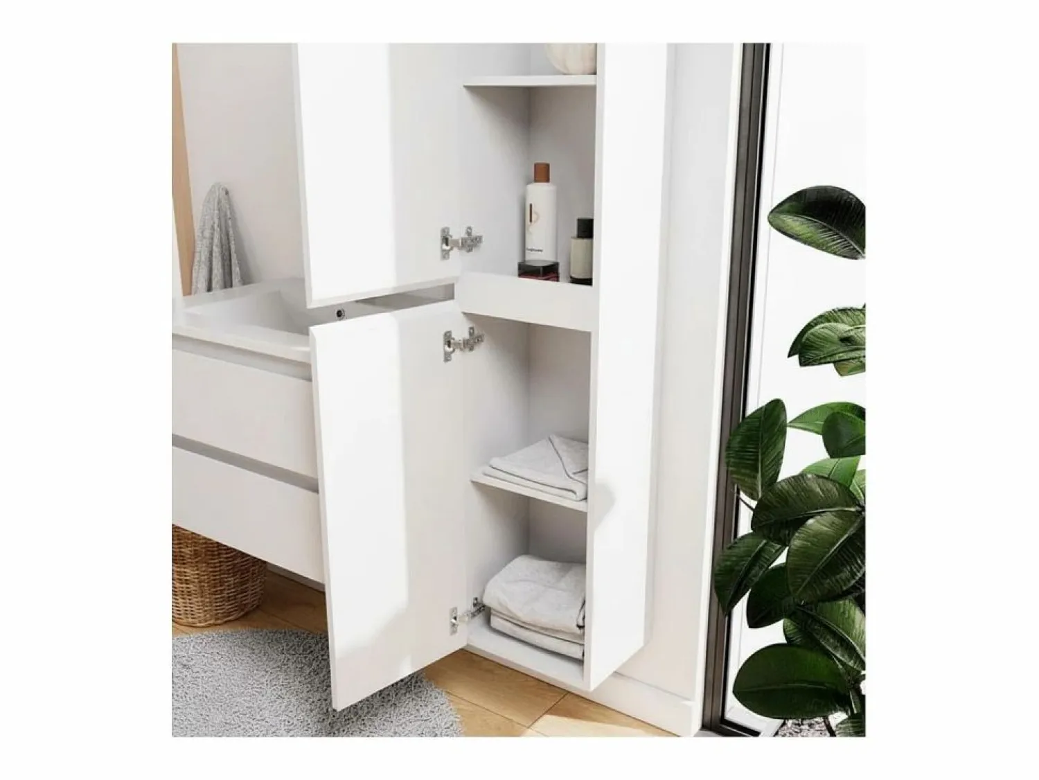 Mueble de lavabo individual de 80cm con encimera de cerámica, grifería, espejo y columna SORRENTO