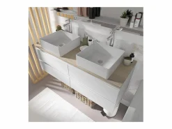 Sale Mueble de pared SORRENTO de 120 cm con doble fregadero y encimera de madera Blanco