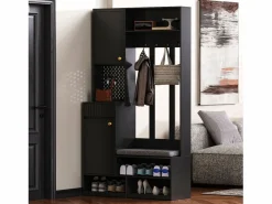 Mueble de recibidor con banco, perchero, estantes y cajones, 4 ganchos, 1 puerta, blanco, (100x35x180 cm)