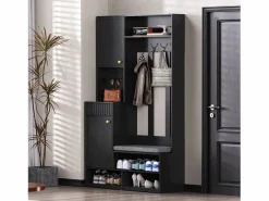 Mueble de recibidor con banco, perchero, estantes y cajones, 4 ganchos, 1 puerta, blanco, (100x35x180 cm)