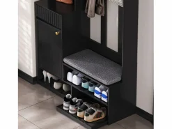 Mueble de recibidor con banco, perchero, estantes y cajones, 4 ganchos, 1 puerta, blanco, (100x35x180 cm)