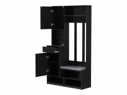 Mueble de recibidor con banco, perchero, estantes y cajones, 4 ganchos, 1 puerta, blanco, (100x35x180 cm)