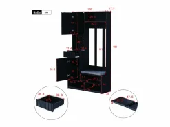 Mueble de recibidor con banco, perchero, estantes y cajones, 4 ganchos, 1 puerta, blanco, (100x35x180 cm)
