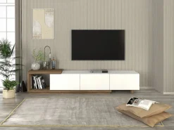 New Mueble de TV con 3 cajones y 1 estante - Blanco y natural - DUKIAN Mueble Tv