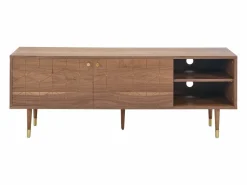 Vente-unique Mueble de TV con 2 puertas y 2 estantes abiertos, chapa de nogal - Natural oscuro y dorado - PARIOMA