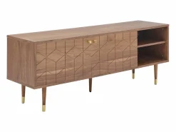 Vente-unique Mueble de TV con 2 puertas y 2 estantes abiertos, chapa de nogal - Natural oscuro y dorado - PARIOMA