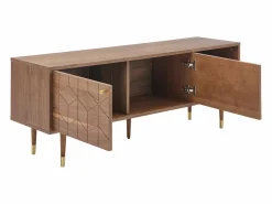 Vente-unique Mueble de TV con 2 puertas y 2 estantes abiertos, chapa de nogal - Natural oscuro y dorado - PARIOMA