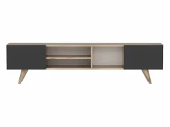 New Vente-unique Mueble de TV con 2 puertas y 3 estantes - Negro y Natural - MOSTIA Negro / Color natural claro