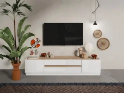 Discount Mueble de TV con 2 puertas y 2 cajones - Blanco y Natural - EMORA Mueble Tv