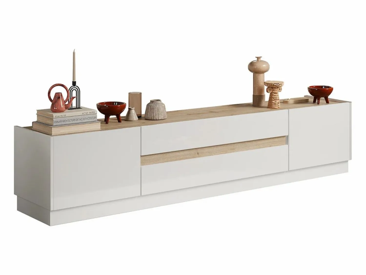 Discount Mueble de TV con 2 puertas y 2 cajones - Blanco y Natural - EMORA Mueble Tv