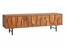 Maison Céphy Mueble de TV con 3 puertas de madera de mango y metal negro - Natural - MIZORAM