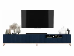 Mueble de TV con 7 puertas y hueco abierto – estructura marino mate, frentes acanalados marino mate – 300 cm, marco de metal