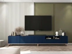 Mueble de TV con 7 puertas y hueco abierto – estructura marino mate, frentes acanalados marino mate – 300 cm, marco de metal