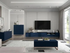 Mueble de TV con 7 puertas y hueco abierto – estructura marino mate, frentes acanalados marino mate – 300 cm, marco de metal