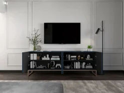 Mueble de TV con 7 puertas y hueco abierto – estructura marino mate, frentes acanalados marino mate – 300 cm, marco de metal