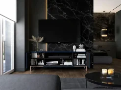 Mueble de TV con 7 puertas y hueco abierto – estructura marino mate, frentes acanalados marino mate – 300 cm, marco de metal