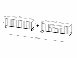 Mueble de TV con 7 puertas y hueco abierto – estructura marino mate, frentes acanalados marino mate – 300 cm, marco de metal