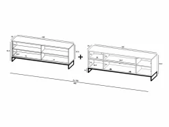 Mueble de TV con 7 puertas y hueco abierto – estructura marino mate, frentes acanalados marino mate – 300 cm, marco de metal