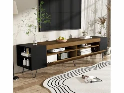 New Mueble de TV con 2 puertas y nichos laterales - 180 x 36 x 43 cm - LED - MDF y tablero de partículas - + natural Mueble Tv