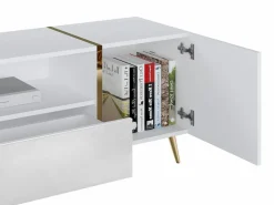 Hot Vente-unique Mueble de TV con 2 puertas, 1 cajón y 1 estante - Blanco brillo y dorado - MARZIALO Blanco / Dorado