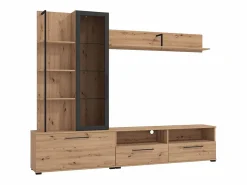 Vente-unique Mueble de TV de pared - 3 puertas, 1 puerta de cristal, 2 huecos y 7 estantes - Color: Roble y negro - DUBLIN