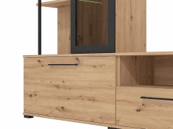 Vente-unique Mueble de TV de pared - 3 puertas, 1 puerta de cristal, 2 huecos y 7 estantes - Color: Roble y negro - DUBLIN