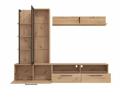 Vente-unique Mueble de TV de pared - 3 puertas, 1 puerta de cristal, 2 huecos y 7 estantes - Color: Roble y negro - DUBLIN