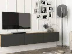 Hot Mueble de TV de pared con 3 puertas - Antracita y Natural Claro - VIKILA Mueble Tv