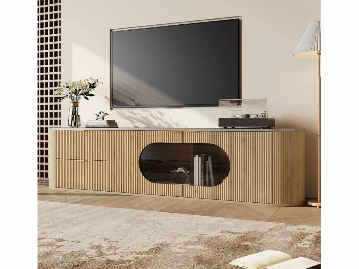 Sale Mueble de TV moderno aspecto madera - 172x38x45,5 cm - 2 puertas y 2 cajones - Tablero efecto mármol - MDF - Natural Mueble Tv