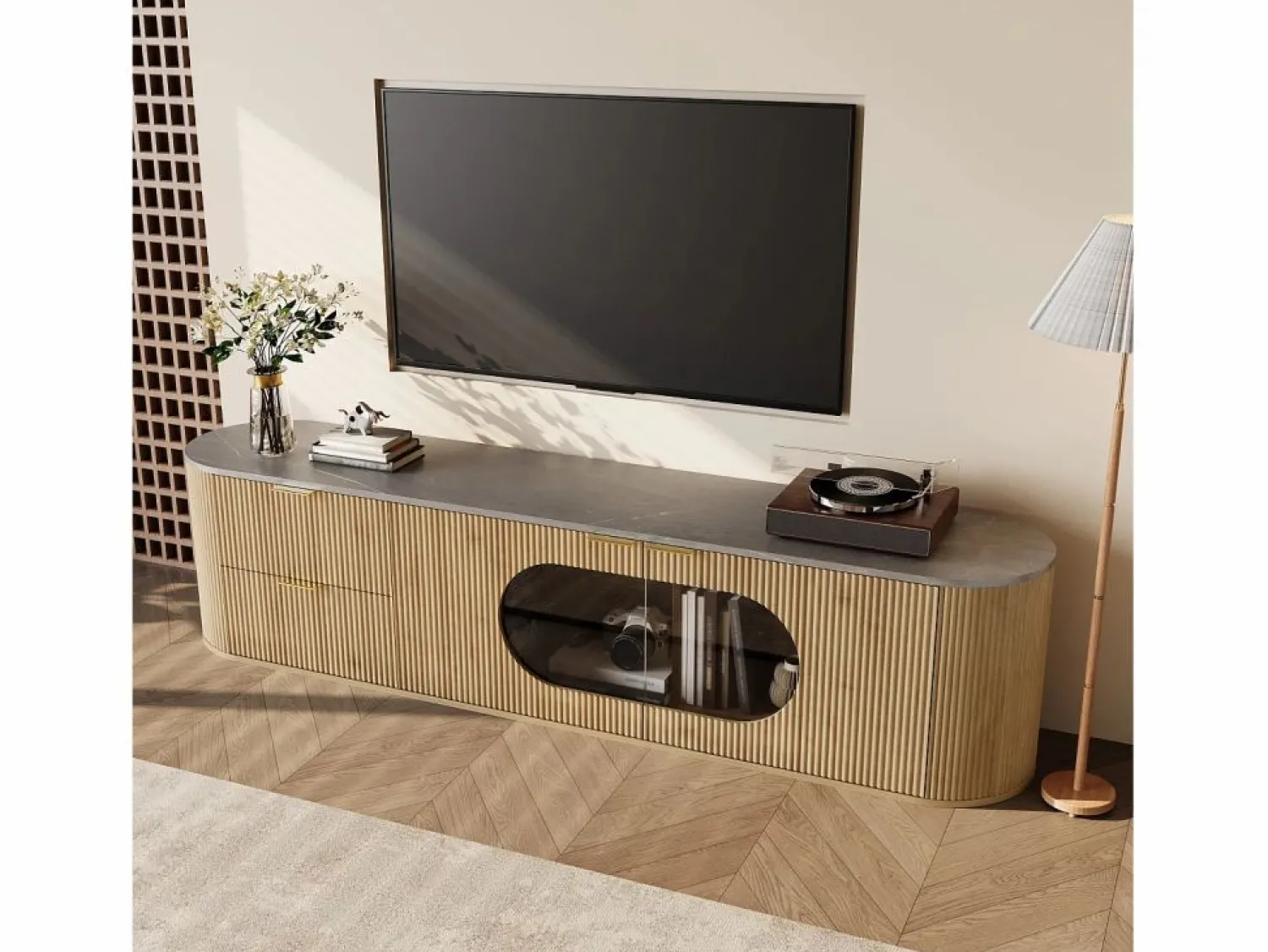 Sale Mueble de TV moderno aspecto madera - 172x38x45,5 cm - 2 puertas y 2 cajones - Tablero efecto mármol - MDF - Natural Mueble Tv