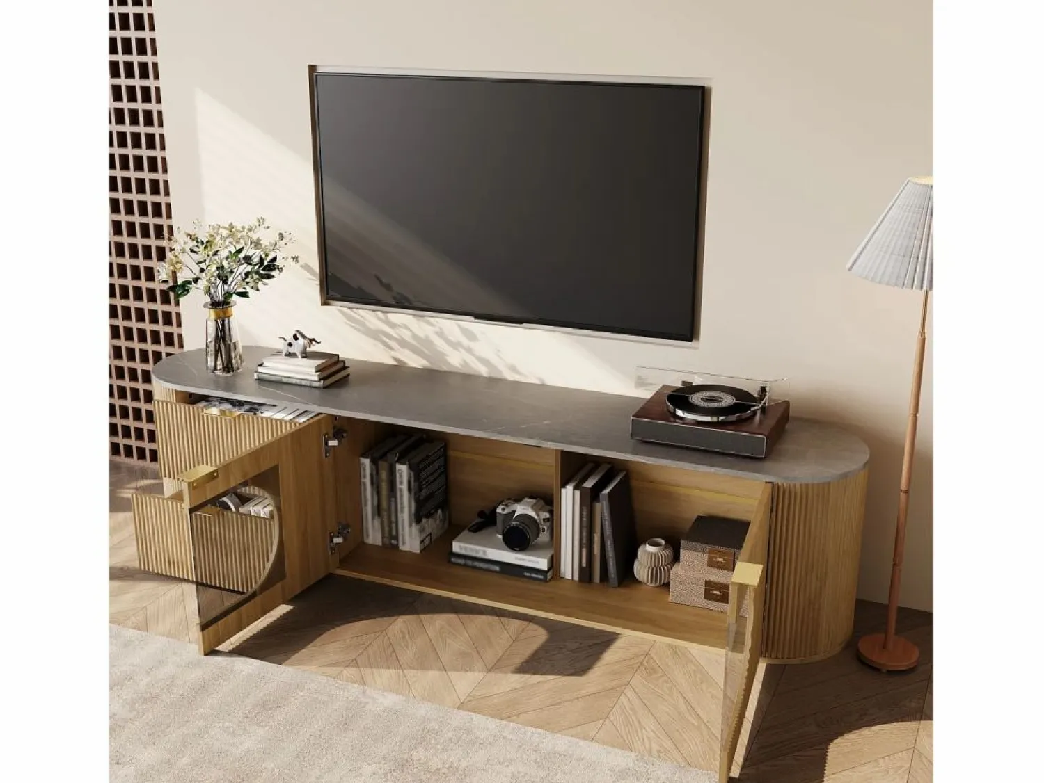 Sale Mueble de TV moderno aspecto madera - 172x38x45,5 cm - 2 puertas y 2 cajones - Tablero efecto mármol - MDF - Natural Mueble Tv