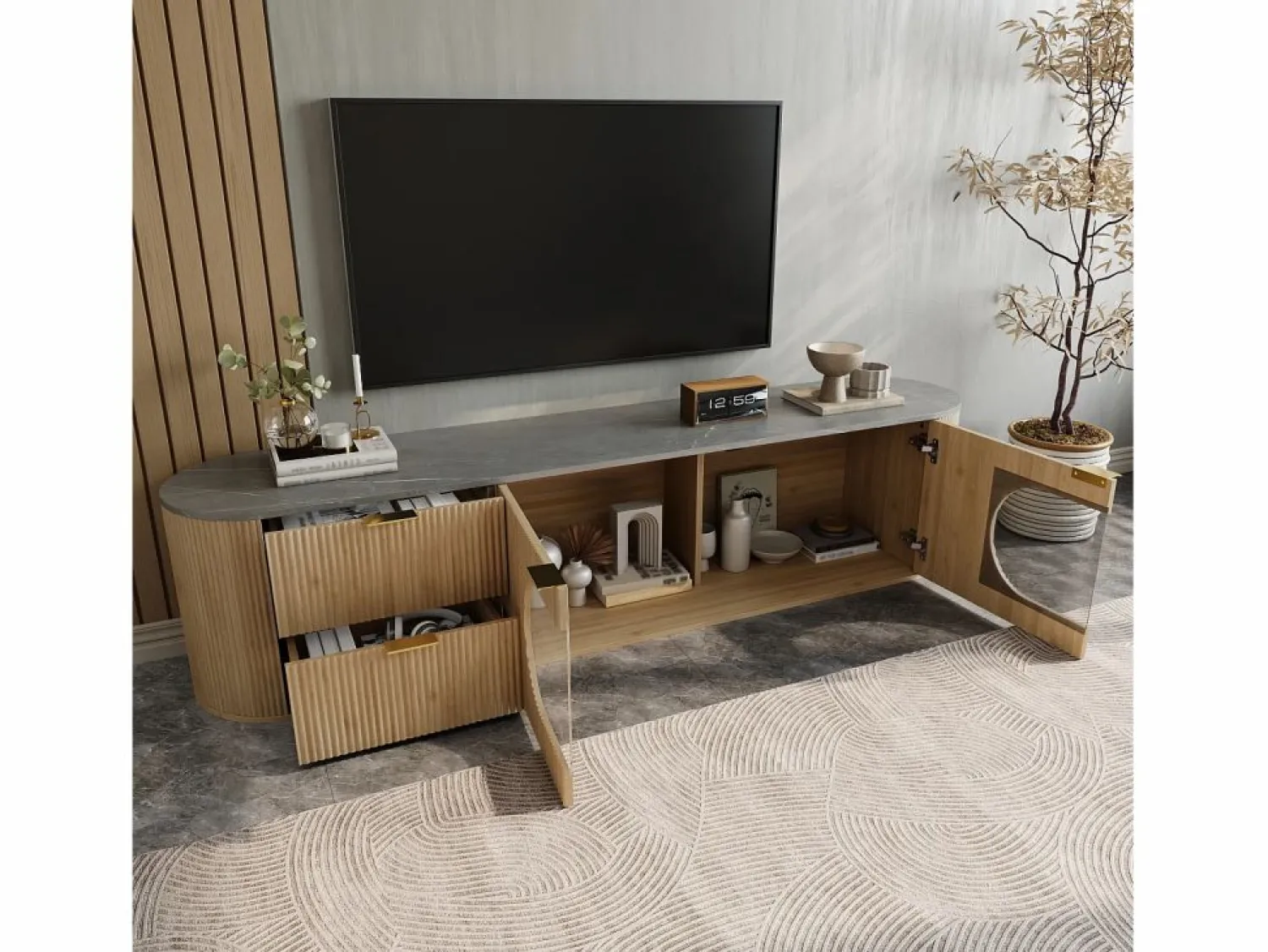 Sale Mueble de TV moderno aspecto madera - 172x38x45,5 cm - 2 puertas y 2 cajones - Tablero efecto mármol - MDF - Natural Mueble Tv