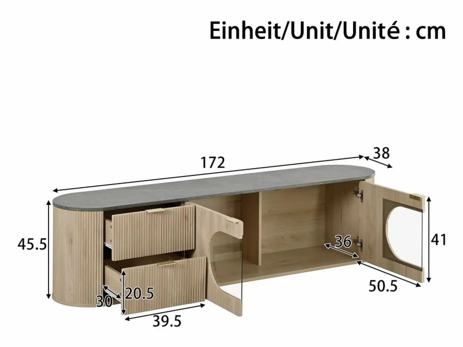 Sale Mueble de TV moderno aspecto madera - 172x38x45,5 cm - 2 puertas y 2 cajones - Tablero efecto mármol - MDF - Natural Mueble Tv