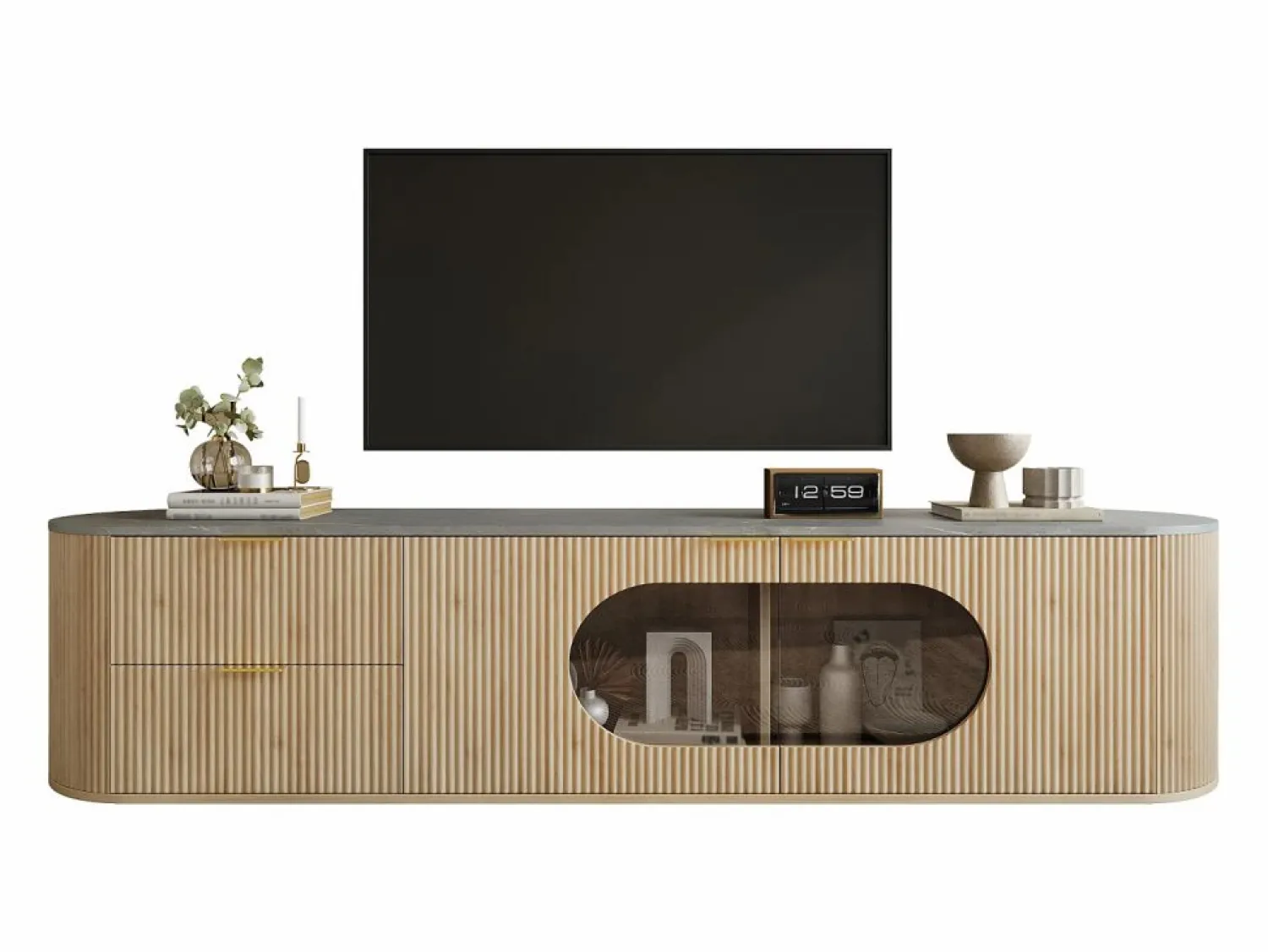 Sale Mueble de TV moderno aspecto madera - 172x38x45,5 cm - 2 puertas y 2 cajones - Tablero efecto mármol - MDF - Natural Mueble Tv