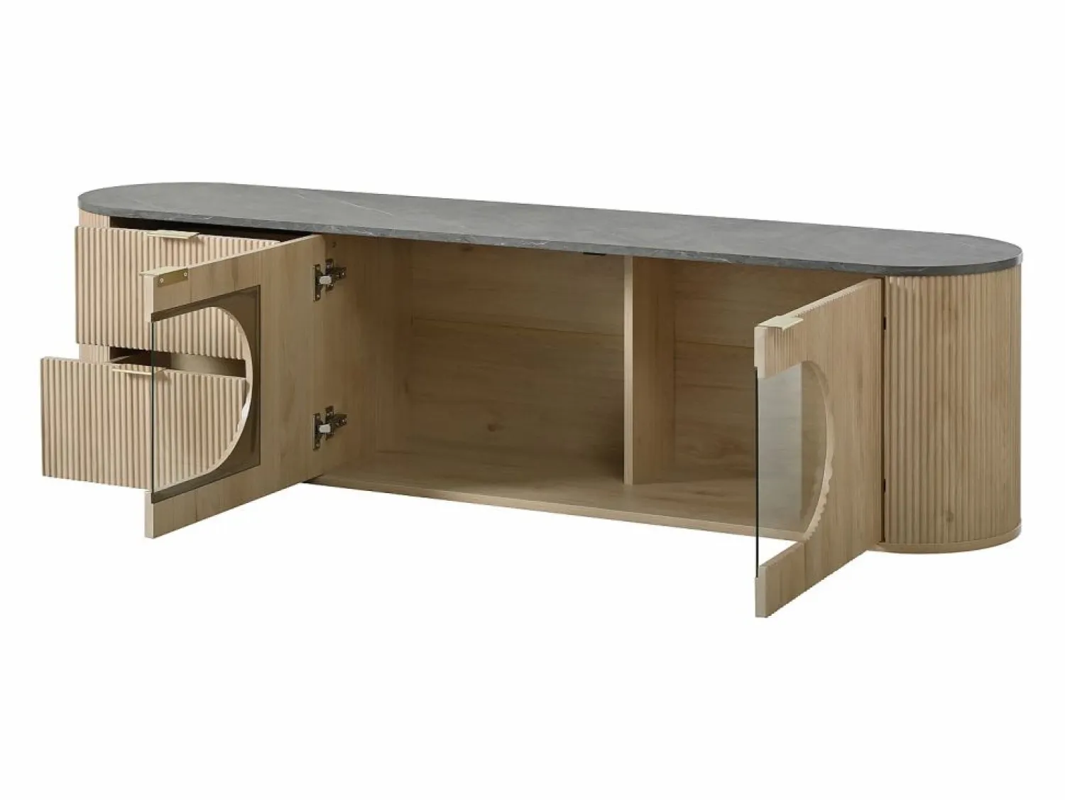 Sale Mueble de TV moderno aspecto madera - 172x38x45,5 cm - 2 puertas y 2 cajones - Tablero efecto mármol - MDF - Natural Mueble Tv