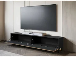 Hot Mueble de TV moderno de 190 cm grafito /roble wotan con patas para salón, frentes MDF fresados en espiga Negro