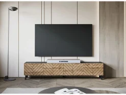 Hot Mueble de TV moderno de 190 cm grafito /roble wotan con patas para salón, frentes MDF fresados en espiga Negro