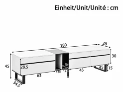 ModernLuxe Mueble de TV moderno 180x38x45 cm - 3 puertas - con estantes abiertos -