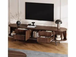 Merax Mueble de TV ovalado con rayas verticales - 180 x 40 x 45 cm - con 4 cajones + 2 puertas correderas - MDF - nogal oscuro